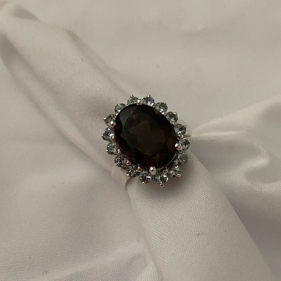 Smokey Quartz surrounded by Aquamarine Sterling Silver Ring sz 7.25 - Picture 2 of 7